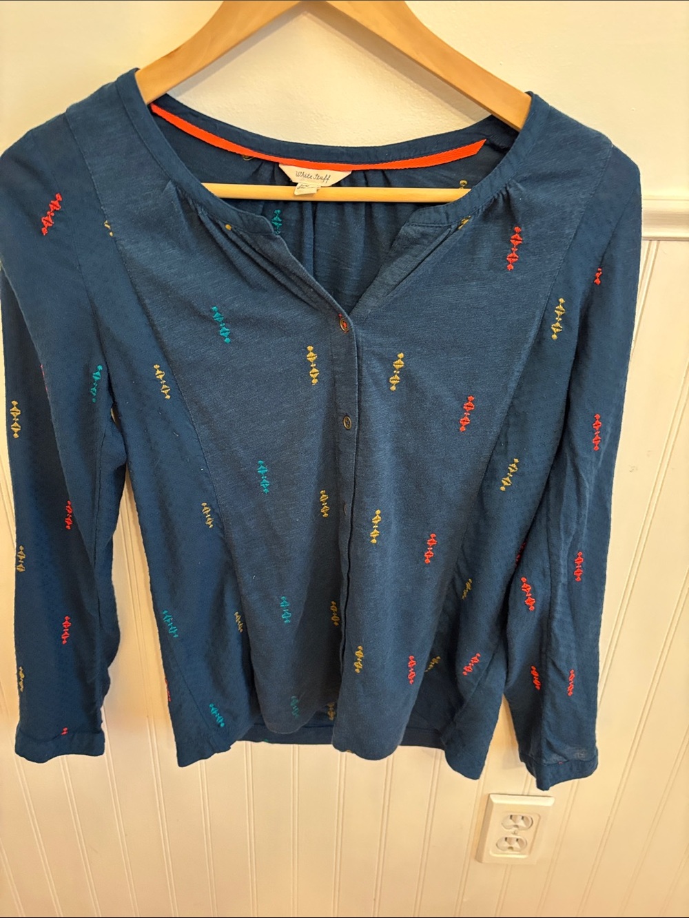 White Stuff London Brand Blue Embroidered Long-Sleeve Women's Top